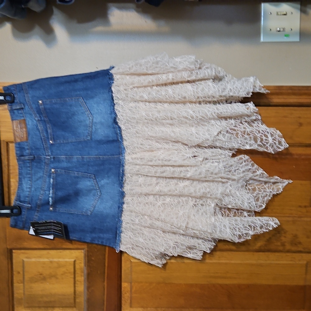 NWT POL Denim and Lace Asymmetrical Layered Boho Distressed Skirt - Picture 3 of 9